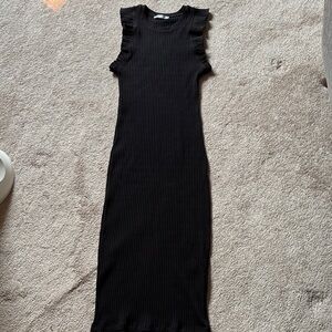 Zara Black Ribbed Midi Dress with Ruffled Sleeves
